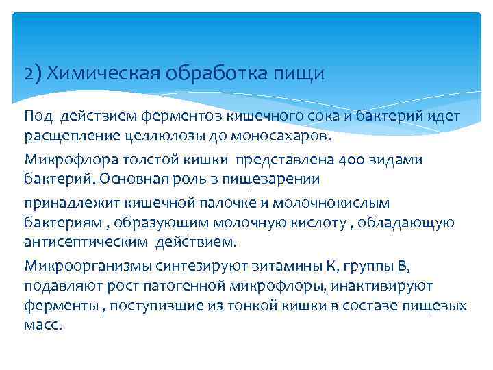 2) Химическая обработка пищи Под действием ферментов кишечного сока и бактерий идет расщепление целлюлозы