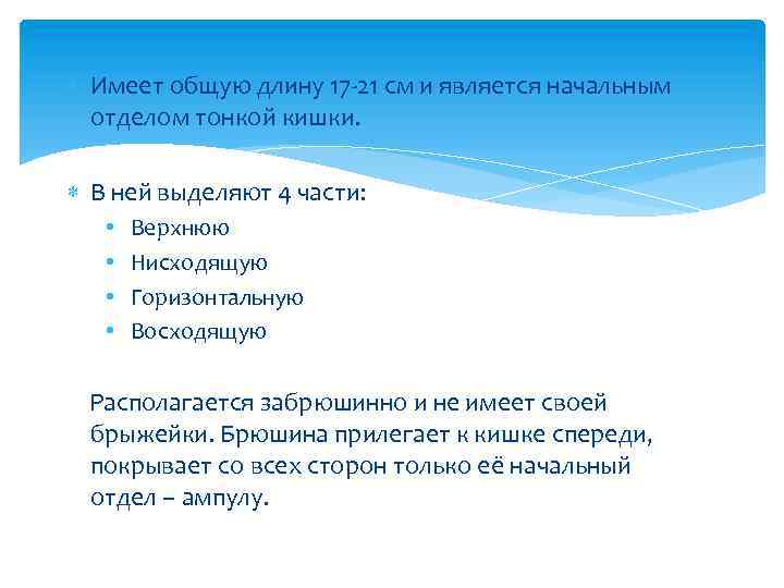  Имеет общую длину 17 -21 см и является начальным отделом тонкой кишки. В