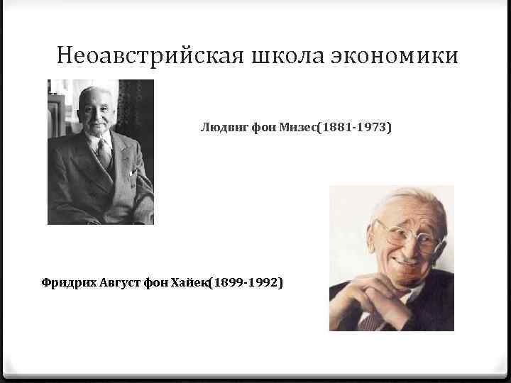 Неоавстрийская школа экономики Людвиг фон Мизес(1881 -1973) Фридрих Август фон Хайек(1899 -1992) 