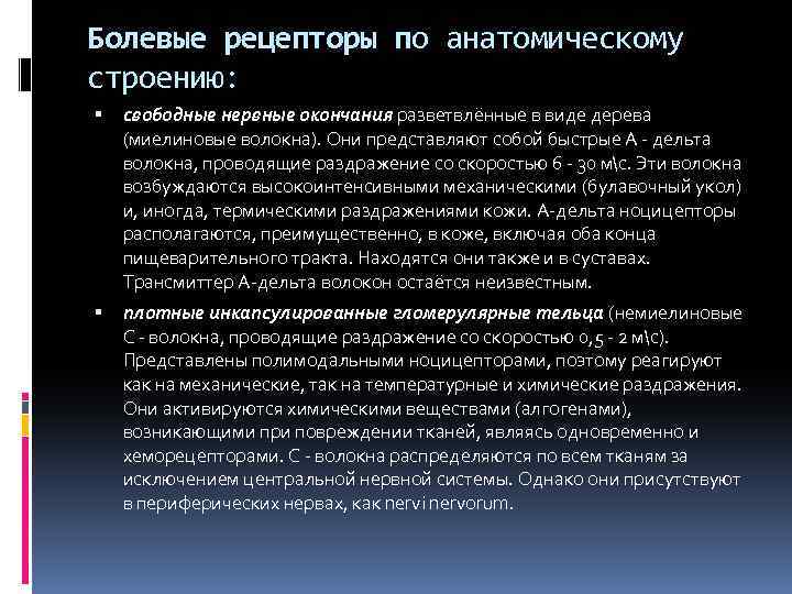 Болевые рецепторы по анатомическому строению: свободные нервные окончания разветвлённые в виде дерева (миелиновые волокна).