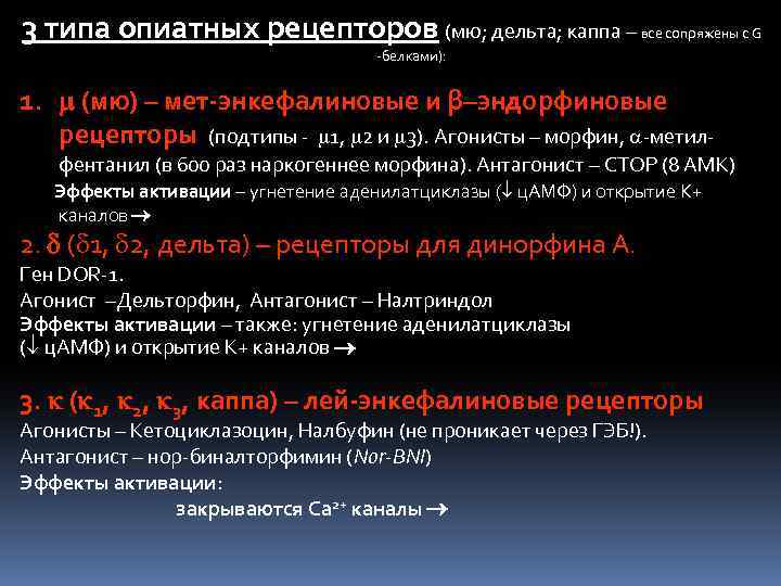 3 типа опиатных рецепторов (мю; дельта; каппа – все сопряжены с G -белками): 1.