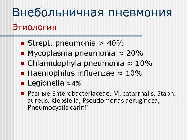 Внебольничная пневмония Этиология n n n Strept. pneumonia > 40% Mycoplasma pneumonia ≈ 20%