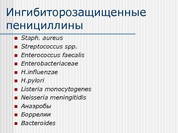 Ингибиторозащищенные пенициллины n n n Staph. aureus Streptococcus spp. Enterococcus faecalis Enterobacteriaceae H. influenzae