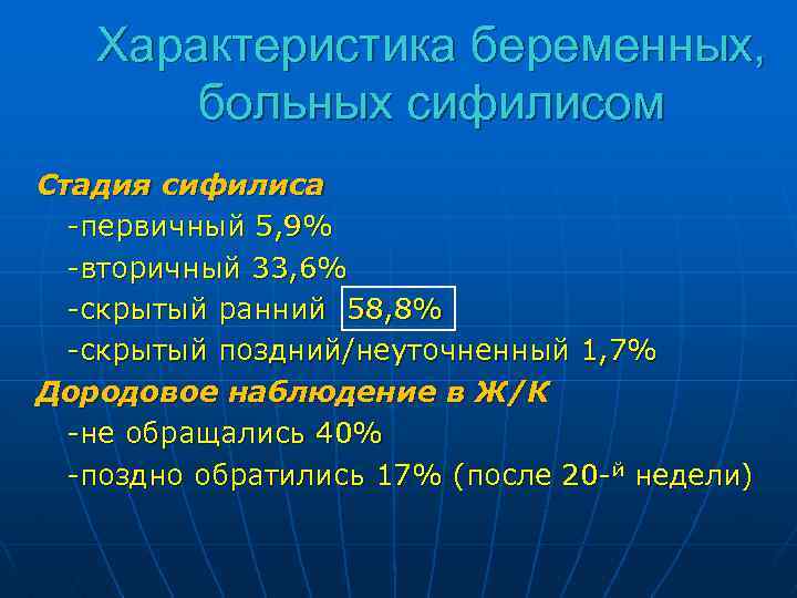 Характеристика беременных, больных сифилисом Стадия сифилиса -первичный 5, 9% -вторичный 33, 6% -скрытый ранний