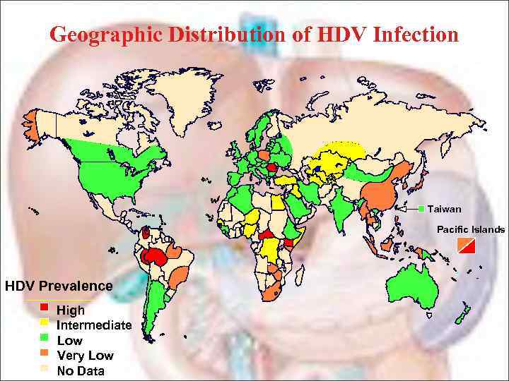 Geographic Distribution of HDV Infection Taiwan Pacific Islands HDV Prevalence High Intermediate Low Very