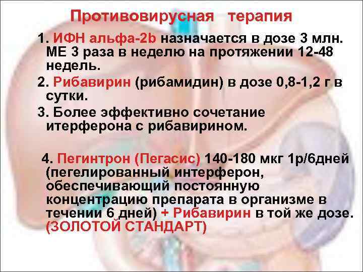 Противовирусная терапия 1. ИФН альфа-2 b назначается в дозе 3 млн. ME 3 раза