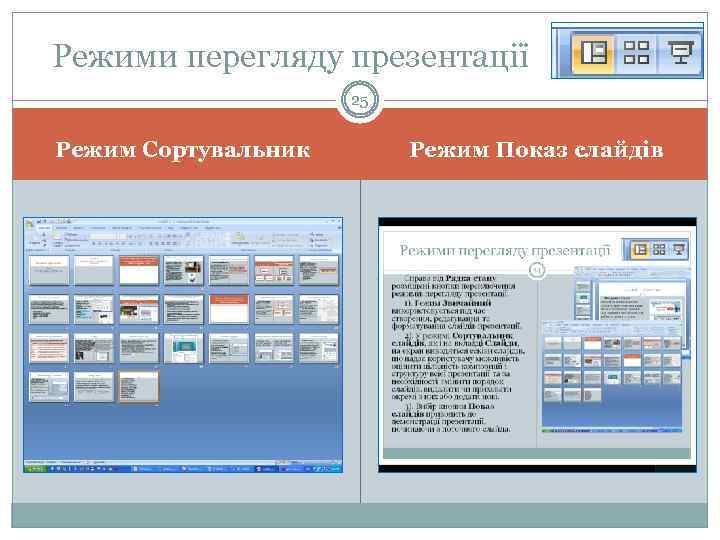 Режими перегляду презентації 25 Режим Сортувальник Режим Показ слайдів 