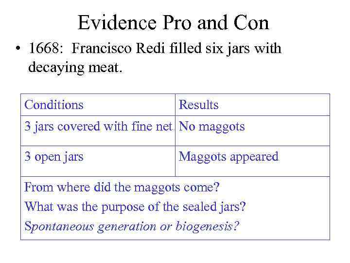 Evidence Pro and Con • 1668: Francisco Redi filled six jars with decaying meat.