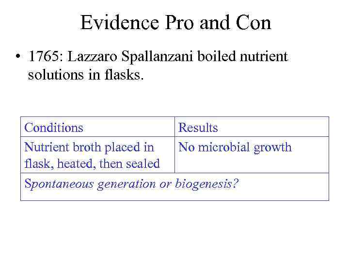 Evidence Pro and Con • 1765: Lazzaro Spallanzani boiled nutrient solutions in flasks. Conditions