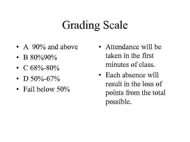 Grading Scale • • • A 90% and above B 80%90% C 68%-80% D