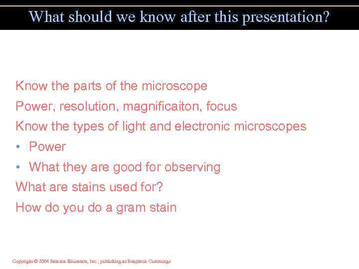 What should we know after this presentation? Know the parts of the microscope Power,