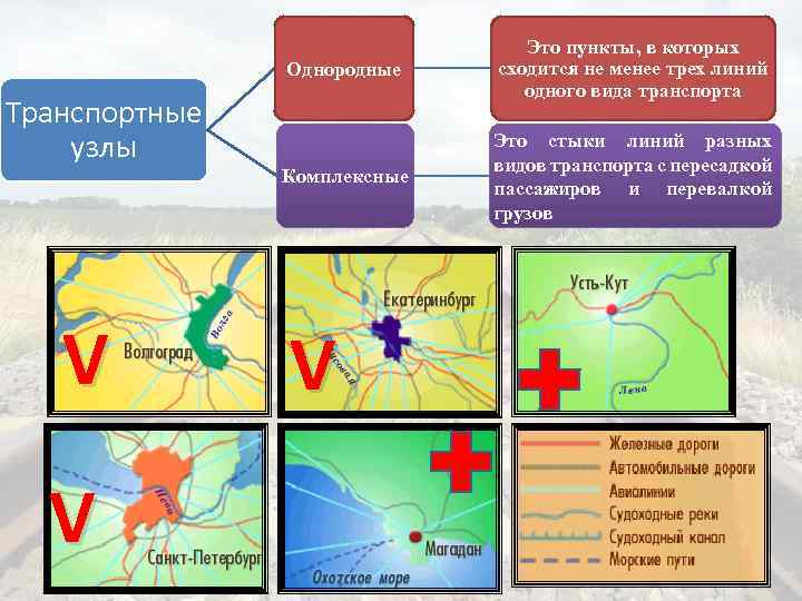 Однородные Транспортные узлы V V Это пункты, в которых сходится не менее трех линий