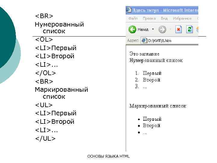 <BR> Нумерованный список <OL> <LI>Первый <LI>Второй <LI>. . . </OL> <BR> Маркированный список <UL>