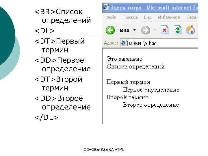 <BR>Список определений <DL> <DT>Первый термин <DD>Первое определение <DT>Второй термин <DD>Второе определение </DL> ОСНОВЫ ЯЗЫКА