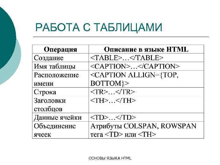 РАБОТА С ТАБЛИЦАМИ ОСНОВЫ ЯЗЫКА HTML 