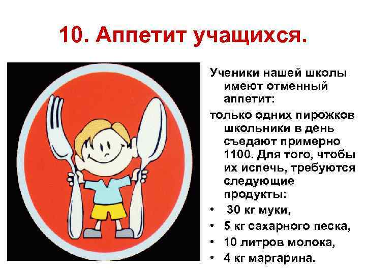 10. Аппетит учащихся. Ученики нашей школы имеют отменный аппетит: только одних пирожков школьники в