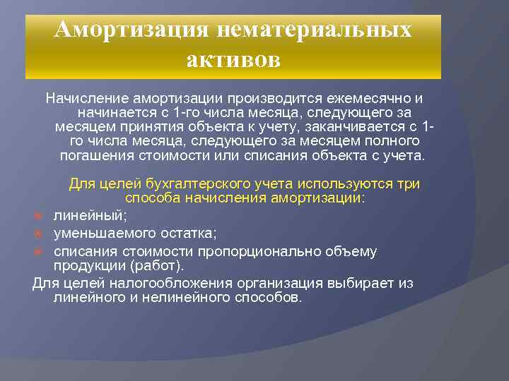 Амортизация нематериальных активов Начисление амортизации производится ежемесячно и начинается с 1 -го числа месяца,