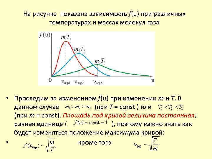 На рисунке показана зависимость f(υ) при различных температурах и массах молекул газа • Проследим