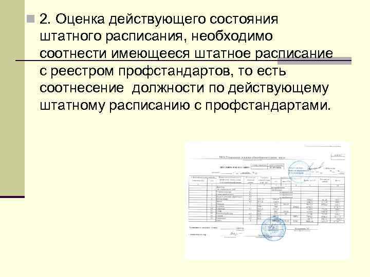 n 2. Оценка действующего состояния штатного расписания, необходимо соотнести имеющееся штатное расписание с реестром