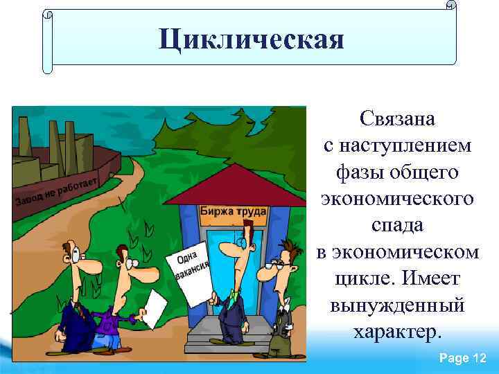 Циклическая Связана с наступлением фазы общего экономического спада в экономическом цикле. Имеет вынужденный характер.