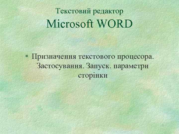 Текстовий редактор Microsoft WORD § Призначення текстового процесора. Застосування. Запуск. параметри сторінки 1 