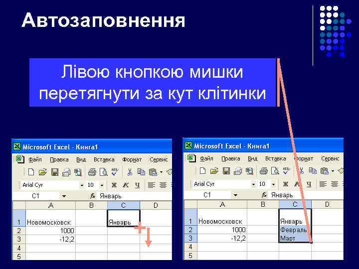 Автозаповнення Лівою кнопкою мишки перетягнути за кут клітинки 
