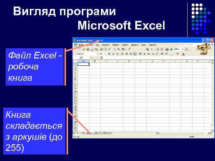 Вигляд програми Microsoft Excel Файл Excel робоча книга Книга складається з аркушів (до 255)