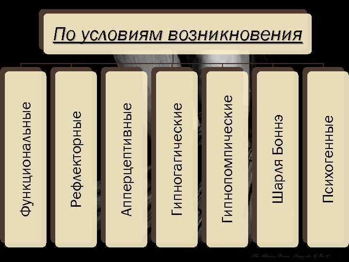 Психогенные Шарля Боннэ Гипнопомпические Гипногагические Апперцептивные Рефлекторные Функциональные По условиям возникновения 