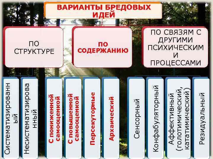 Резидуальный Аффективный (голотимический, кататимический) ПО СОДЕРЖАНИЮ Конфабуляторный Сенсорный Архаический Персекуторные ПО СТРУКТУРЕ С повышенной