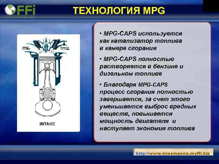 ТЕХНОЛОГИЯ MPG • MPG-CAPS используется как катализатор топлива в камере сгорания • MPG-CAPS полностью