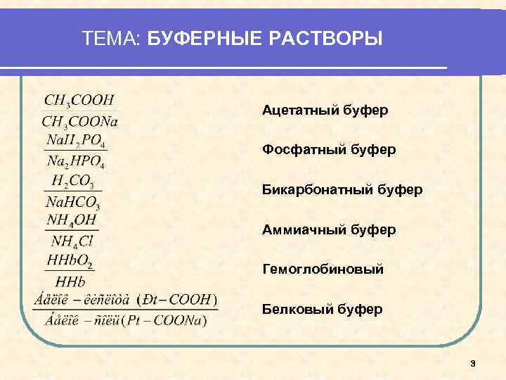 ТЕМА: БУФЕРНЫЕ РАСТВОРЫ Ацетатный буфер Фосфатный буфер Бикарбонатный буфер Аммиачный буфер Гемоглобиновый Белковый буфер