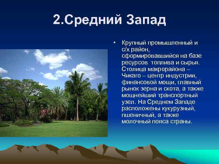 2. Средний Запад • Крупный промышленный и с/х район, сформировавшийся на базе ресурсов топлива