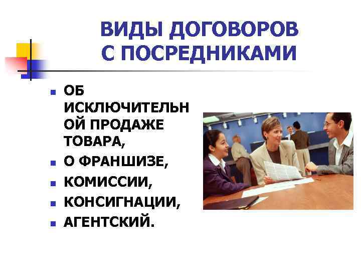 ВИДЫ ДОГОВОРОВ С ПОСРЕДНИКАМИ n n n ОБ ИСКЛЮЧИТЕЛЬН ОЙ ПРОДАЖЕ ТОВАРА, О ФРАНШИЗЕ,