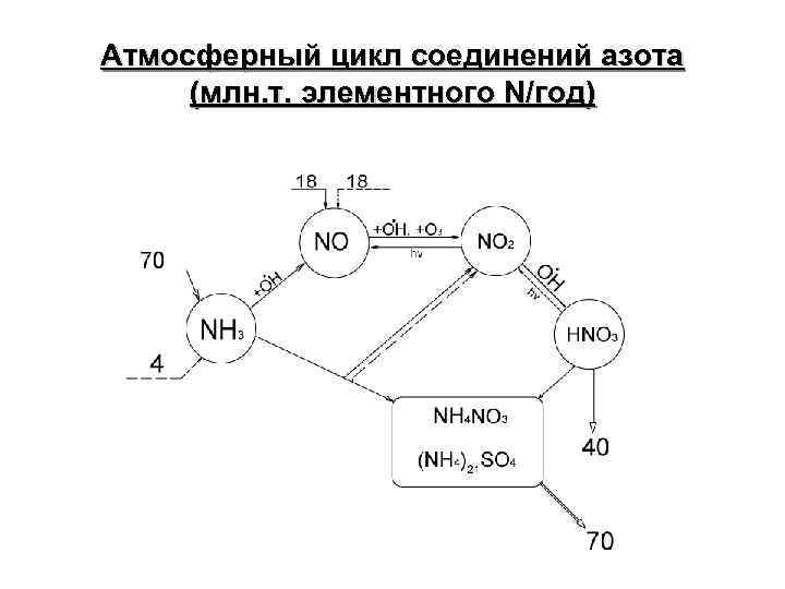 Атмосферный цикл соединений азота (млн. т. элементного N/год) 