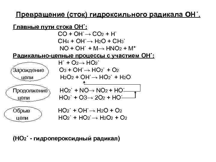 Превращение (сток) гидроксильного радикала OH˙. Главные пути стока OH˙: CO + OH˙→ CO 2