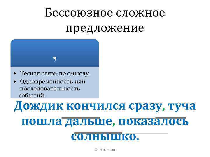 Бессоюзное сложное предложение , • Тесная связь по смыслу. • Одновременность или последовательность событий.