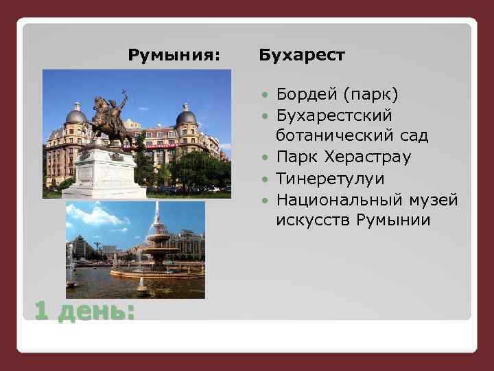 Румыния: Бухарест 1 день: Бордей (парк) Бухарестский ботанический сад Парк Херастрау Тинеретулуи Национальный музей