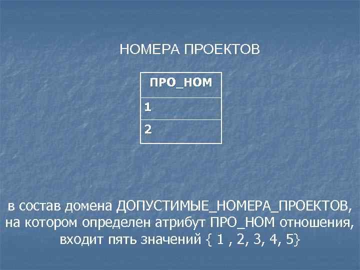 НОМЕРА ПРОЕКТОВ ПРО_НОМ 1 2 в состав домена ДОПУСТИМЫЕ_НОМЕРА_ПРОЕКТОВ, на котором определен атрибут ПРО_НОМ