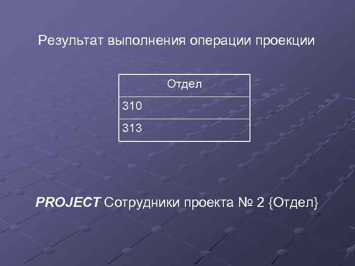 Результат выполнения операции проекции Отдел 310 313 PROJECT Сотрудники проекта № 2 {Отдел} 