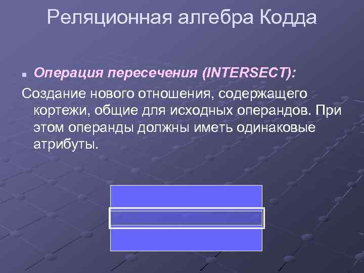 Операция пересечения. Операция пересечения в реляционной алгебре. Операции реляционной алгебры КОДДА. Специальные реляционные операции реляционной алгебры КОДДА. Основное свойство реляционной алгебры КОДДА.