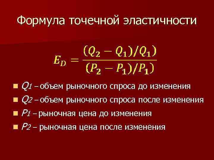 Формула точечной эластичности n Q 1 – объем рыночного спроса до изменения n Q