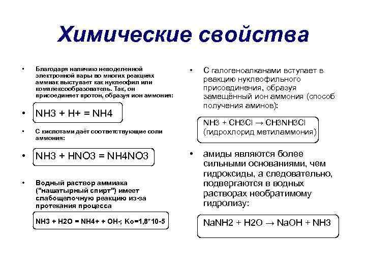 Химические свойства • Благодаря наличию неподеленной электронной пары во многих реакциях аммиак выступает как