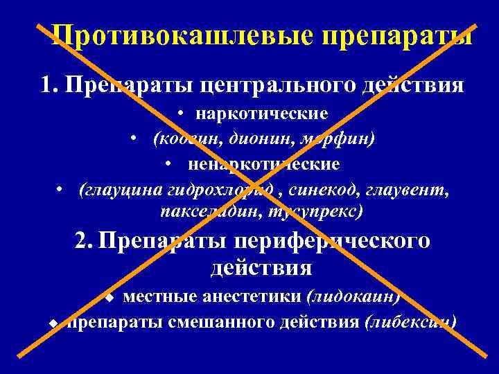 Противокашлевые препараты 1. Препараты центрального действия • наркотические • (кодеин, дионин, морфин) • ненаркотические