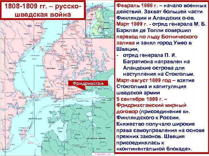1808 -1809 гг. – русскошведская война Фридрихсгам Февраль 1808 г. – начало военных действий.