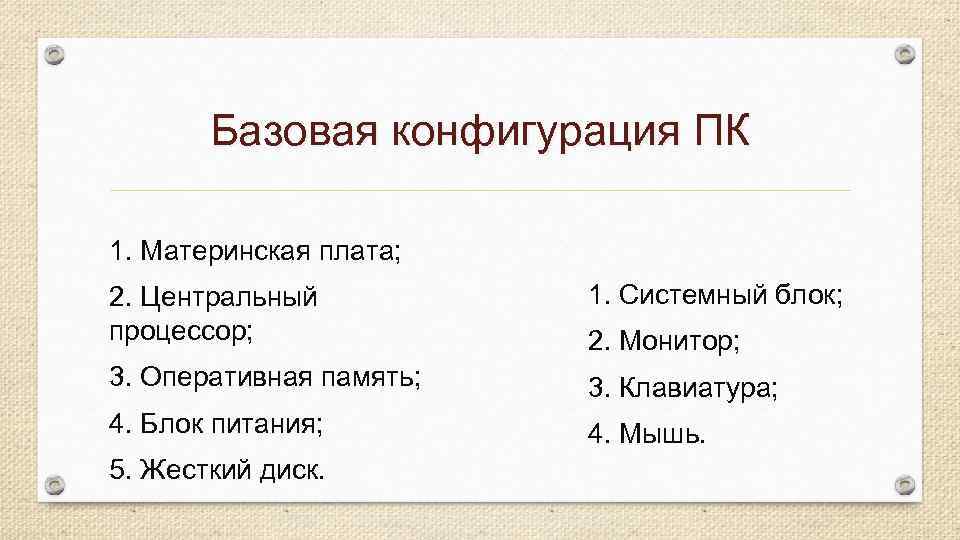 Базовая конфигурация ПК 1. Материнская плата; 2. Центральный процессор; 1. Системный блок; 3. Оперативная