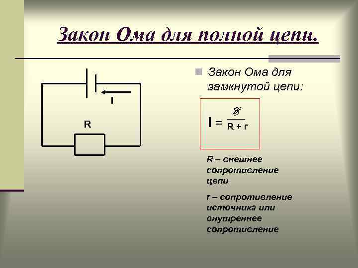 Закон Ома для полной цепи. n Закон Ома для замкнутой цепи: I R I=