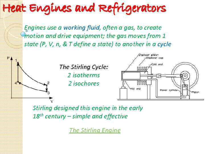 Heat Engines and Refrigerators Engines use a working fluid, often a gas, to create