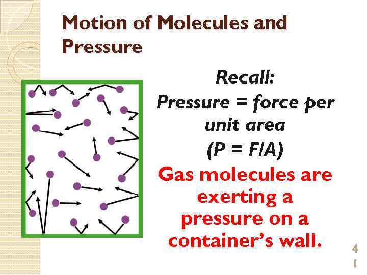 Motion of Molecules and Pressure Recall: Pressure = force per unit area (P =