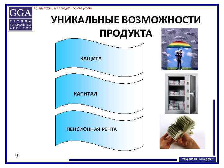 БС. Качественный продукт – основа успеха УНИКАЛЬНЫЕ ВОЗМОЖНОСТИ ПРОДУКТА ЗАЩИТА КАПИТАЛ ПЕНСИОННАЯ РЕНТА 9