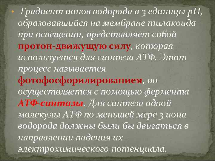  • Градиент ионов водорода в 3 единицы p. H, образовавшийся на мембране тилакоида